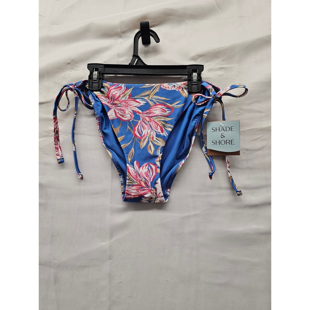 Shade & Shore Womens Side Tie Bikini Bottoms Blue Floral Nylon Blend Size Large